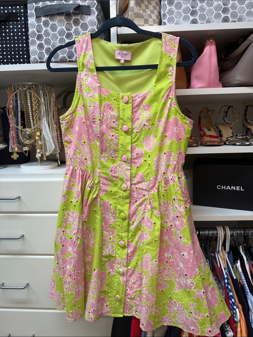 ENTRO  Lime Green & Pink Floral Button-Front Dress